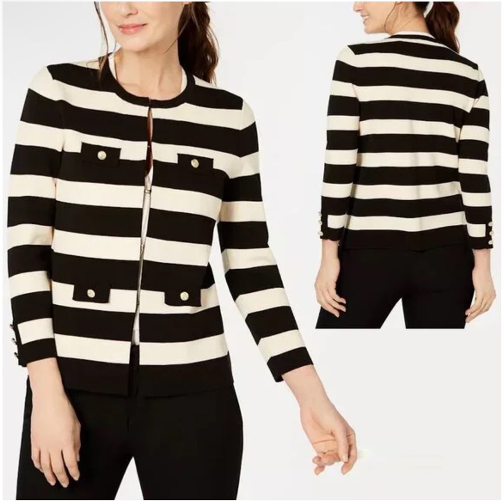 NWT Anne Klein Black White Striped Cardigan Size M